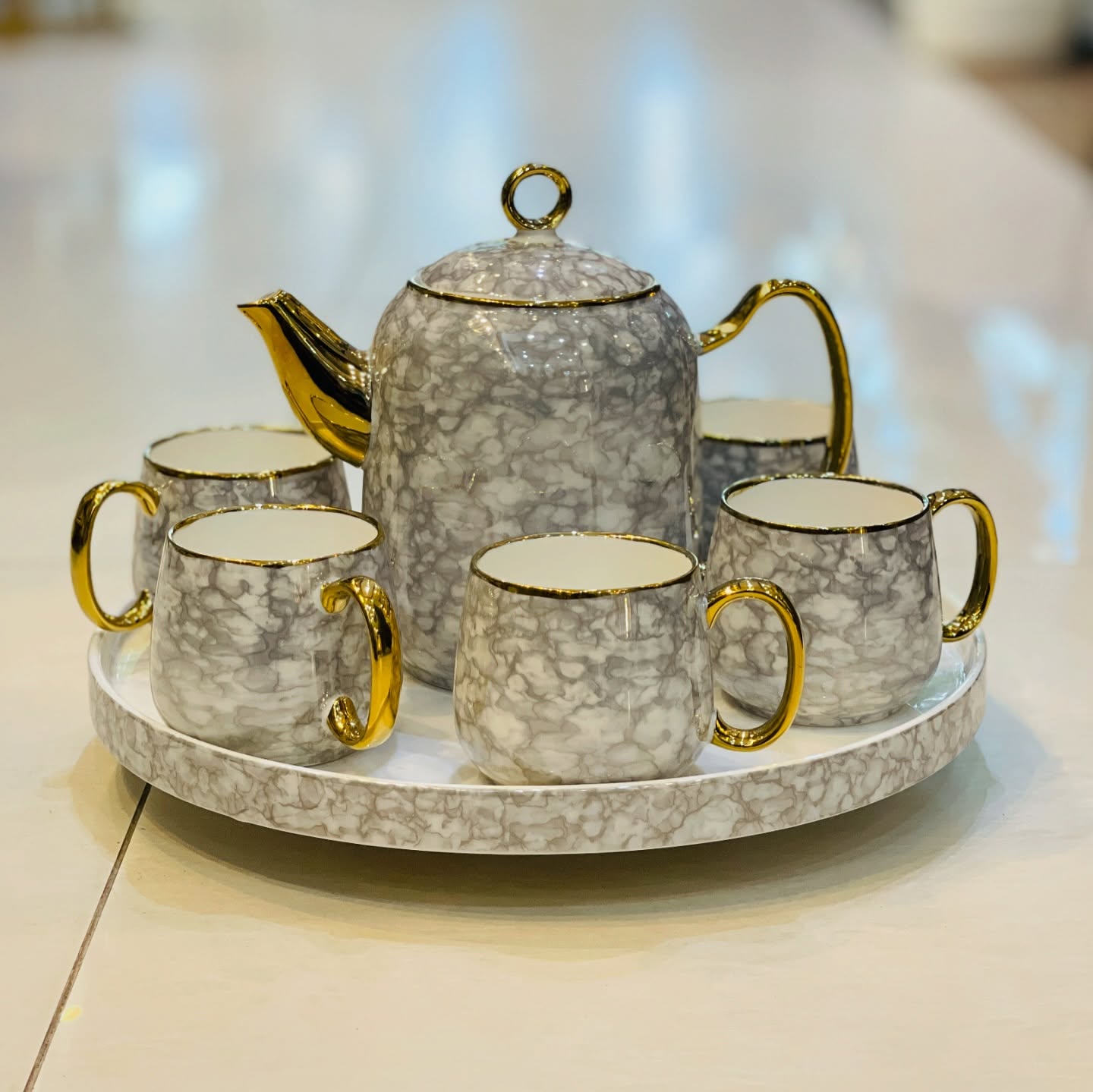 Tea set ceramic with revolving tray 8 pieces sets