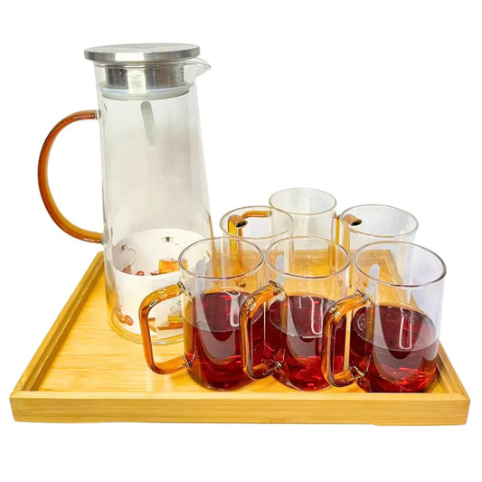 GLASS CUP AND PITCHER, 7 PCS" (which aligns with the 6 glasses + 1 jug in the image)