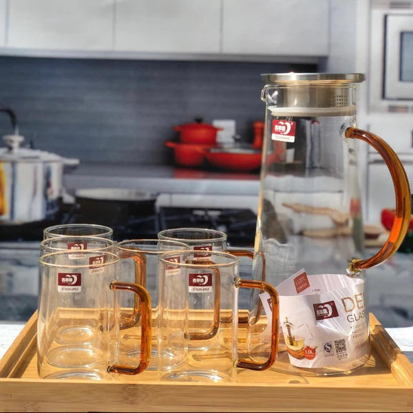 GLASS CUP AND PITCHER, 7 PCS" (which aligns with the 6 glasses + 1 jug in the image)