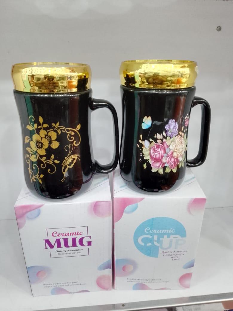 Royal Couple Mug Set – King & Queen Black Ceramic Mugs with Golden Crown Lids